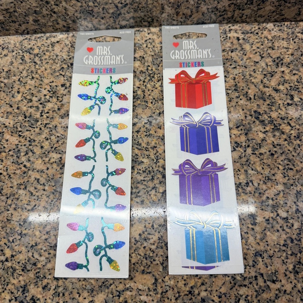 VTG Y2K Mrs. Grossman's Holiday Lights & Gift Box Foiled Stickers Lot Of 2